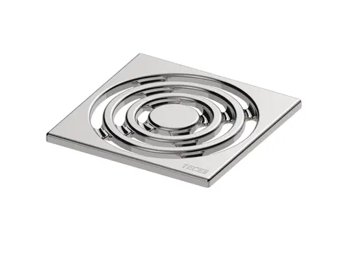 Edelstahl-Designrost von TECE mit kreisförmigem Muster, quadratischer Form und glatter Oberfläche. Ideal für den Einsatz in Duschen oder Bodenelementen.